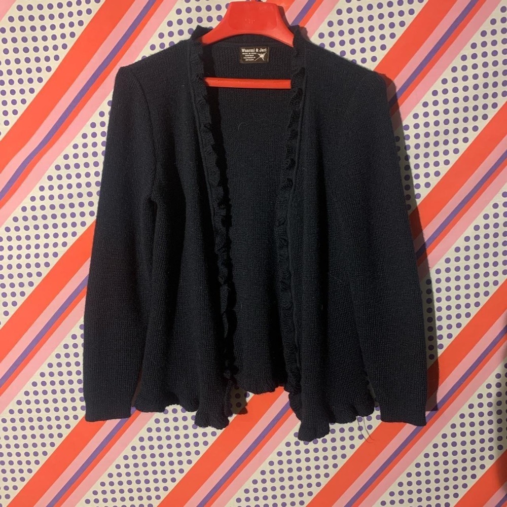 Wuarmi & Jari Navy Blue Ruffle Handcrafted Cardigan Sweater Made in Peru Medium